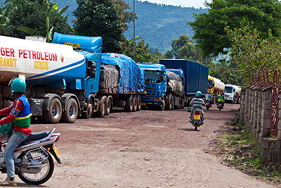 Trucks waiting to be cleared at the  Rwanda-DR Congo border.  The New Times  / Timothy Kisambira.