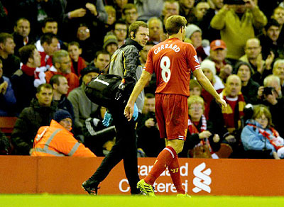 Gerrard will be out for at least four weeks with a hamstring injury, leaving the English Premier League title chasers without the England star for the busy Christmas period. Net photo