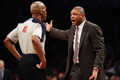Los Angeles Clippers head coach Doc Rivers disputes a call during the second half against the Brooklyn Nets at Barclays Center.The Nets defeat the Clippers 102-93.