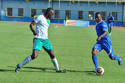 Skipper Fuadi Ndayisenga (R), seen here against Kiyovu in a past match, created two goals to help Rayon Sports beat Marines 4-1 at Stade de Kigali yesterday. The New Times / T. Kisambira.