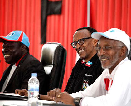 TOP BRASS: RPF Chairperson Kagame (C), Vice Chairperson Bazivamo (L) and Secretary-General Ngarambe at the ruling partyu2019s national congress at Petit Stade Remera, Kigali, yesterday.  The New Times/ Timothy Kisambira.