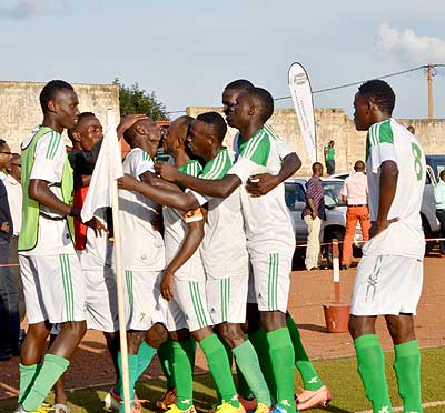 Kiyovu players celebrate their second goal in a 2-0 win against Police FC three weeks ago. Times Sport; Samuel Ngendahimana