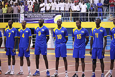 Rwanda's national volleyball team before the start of their match against African champions,Egypt in a 2014 World Cup qualifier. Times Sport / File.