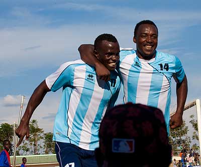Police FC's strikers Peter Kagabo (L) and Kipson Atuheire (R) celebrate during the 6-0 demolition of another Rubavu team, Etinceles. Saturday Sport / T. Kisambira.