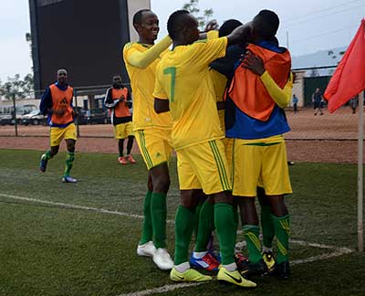 ELSEWHERE: AS Kigali players celebrating after going 2-0 up against rivals Kiyovu SC on Sunday at Stade de Kigali in Nyamirambo.  Times Sport/Samuel Ngendahimana.