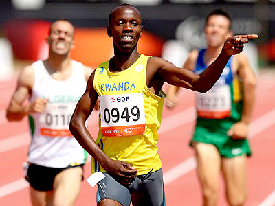 Cliff Muvunyi celebrates as he crosses the finish line on his way to Rwandau2019s first ever international gold medal at the IPC World Athletics Champs in Lyon, France. Times Sport/Courtesy