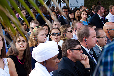 Members of the Diplomatic Corps accredited to Rwanda watch a  documentary about the 1994 Genocide at Kigali memorial centre yesterday. 