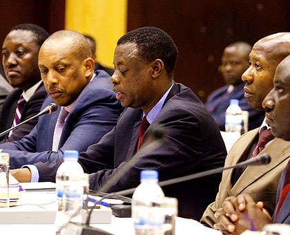 R-L: The Rwandan delegation at the conference: Inspector General of Police Emmanuel K. Gasana, Internal Security minister Fazil Musa Harerimana, Defence minister James Kabarebe, Rwanda Defence Forces Chief of Defence Staff Patrick Nyamvumba and the Secretary-General, National Intelligence and Security Service, Lt. Gen. Emmanuel Karenzi Karake during the regional defence and security tripartite meeting in Kigali yesterday. The New Times/Timothy Kisambira