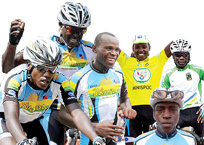 L-R: Bonaventure Uwizeyimana, Joseph Biziyaremye, Gasore Hategeka, Janvier Hadi, Valens Ndayisenga. Jean Bosco Nsengiyumva, (far right) who finished sixth in the 2013 Tour of Rwanda, will lead Team Rwandau2019s assault in Gabon. Times Sport/ J. Mbanda.