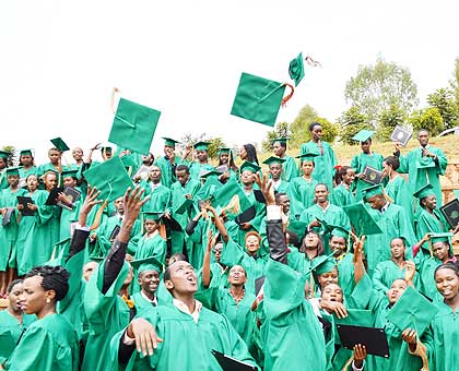 Graduates cheer up during their graduation ceremony on Thursday. Below, some of the orphans who graduated with various skills from Agahozo-Shalom.   The New Times/ Collins Mwai.