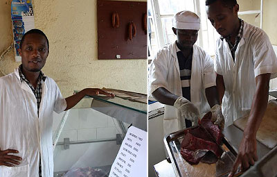Tuyishime in his shop. Right, he is helped by one of his workers to prepare meat for processing. The New Times / P. Tumwebaze 