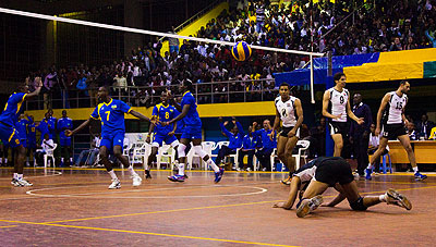 National team players celebrate after taking a point against  African champions Egypt during the Zone V African qualifiers in Kigali last year. Times Sport/T. Kisambira