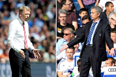 Man United manager David Moyes, left will be hoping his team can find top form against Jose Mourinho's, right, title contender at Stamford Bridge. Net photo