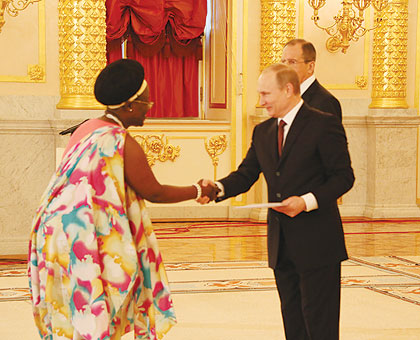 President Putin (right) receives Dr. Jeanne du2019Arc Mujawamariya, Rwandau2019s new ambassador to Russia . The New Times/Courtesy