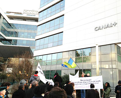Some of the protestors outside Canal+ Group headquarters in Paris last week.  The New Times/ Courtesy.