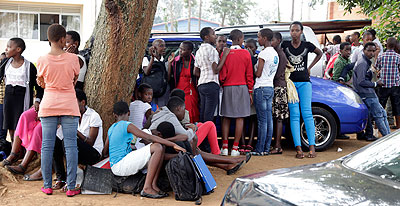 The affected children at REB offices yesterday. The children claim they are innocent and want REB to reconsider its decision. The New Times/ John Mbanda.