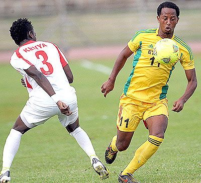 Ethiopia's Mintenote Adan (R) runs past Kenya's Abud Omar during last yearu2019s Cecafa Championships in Nairobi. Kenya were eventually crowned the champions. Net photo.