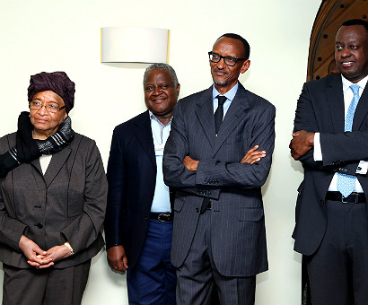 Presidents Kagame and Sirleaf, together with other senior officials, at the u2018Germany meets Africau2019 event last evening. The New Times/Village Urugwiro