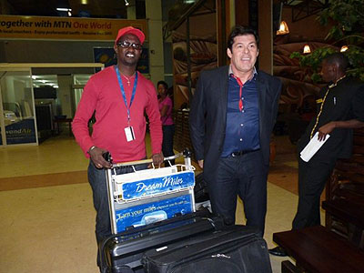 Luc Eymael ( right) being received at Kigali International airport by Rayon Sports SG Olivier Gakwaya on Saturday.  Times Sport / B. Mugabe