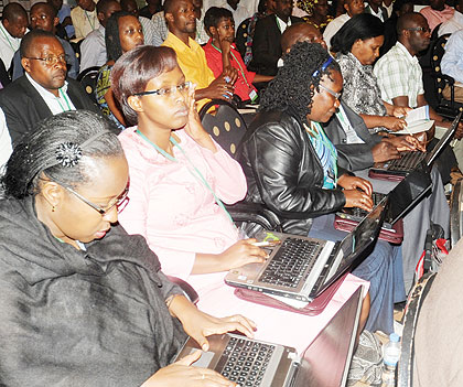 Women using computers at a past conference in Kigali. Rwanda will, on February 3, host  women representatives from 20 leading Silicon Valley  tech companies. The New Times/ John Mbanda.