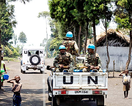 Monusco troops patrol villages in eastern DR Congo . The New Times/ File.