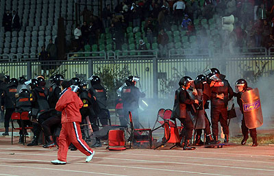 Riot police are seen during a football match riot at a stadium in Port Said of Egypt on Feb. 1, 2012. . Xinhua photo.