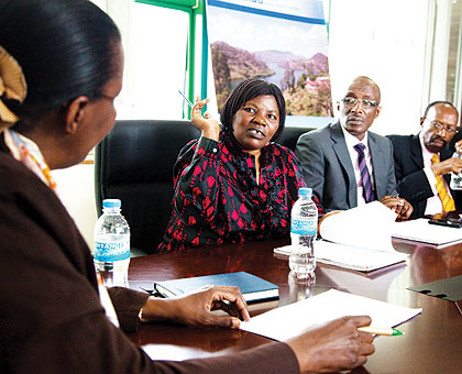 The committee deputy chairperson, MP Clothilde Mukakarangwa (2nd L), along with her colleagues Sheikh Saleh Habimana (2nd R) and Emmanuel Mudidi during yesterdayu2019s meeting....
