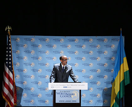 President Kagame speaks at the Los Angeles World Affairs Council on Wednesday. Village Urugwiro. 