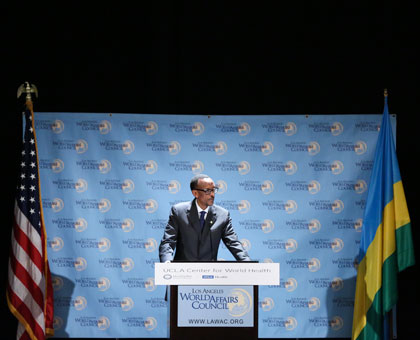 President Kagame speaks at the Los Angeles World Affairs Council on Wednesday. Village Urugwiro.