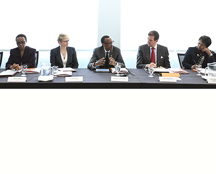 President Kagame (centre) speaks at University of California San Francisco (UCSF) in Los Angeles on Thursday. He is flanked by (left to right), Sharon Haba, Permanent Secretary,....