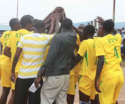 KVC players celebrate after winning the annual Father Emmanuel Kayumba memorial volleyball tournament over the weekend. 