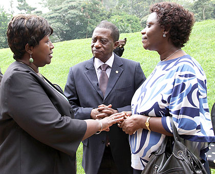(L-R) Health minister Dr Agnes Binagwaho, African Union Commissioner for Social Affairs  Dr Mustapha Kaloko, and State minister for Social Affairs Alivera Mukabaramba chat at the n....