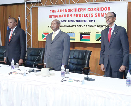 R-L: Presidents Kagame, Museveni and Kenyatta at the Integration Projects Summit in Kampala, yesterday. Village Urugwiro.