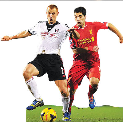Fulham midfielder Steve Sidwell (left) battles for the ball with Liverpool star Luis Suarez. Net Photo