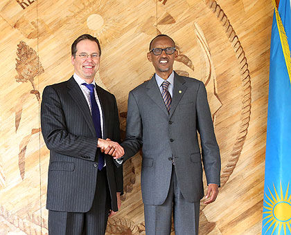 President Kagame with the Swedish Finance minister,  Anders Borg, after the meeting at Village Urugwiro yesterday. Village Urugwiro