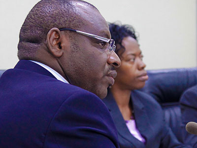 Finance minister Claver Gatete (L), with Vice-Governor of the National Bank, Monique Nsanzabaganwa, at the launch of the Eurobond last year. File