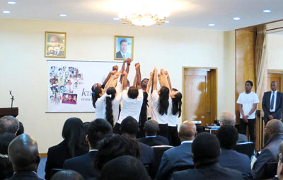Rwandans in Beijing perform the Kwibuka dance for participants at the commemoration launch on Friday. Paul Ntambara. 