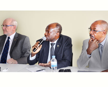 L-R: Professors McWha, Ijumba and Manaseh Mbonye at the media briefing in Kigali yesterday. Courtesy.