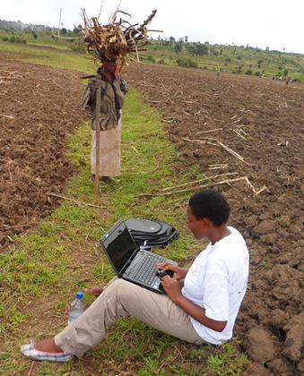 Umutesi uses a laptop to collect data on agriculture. Courtesy photo