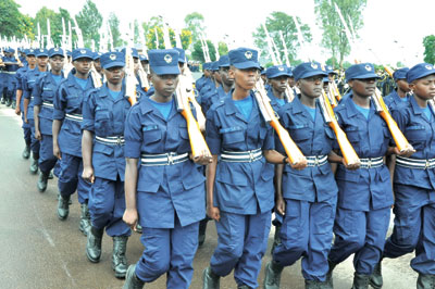 The new police constables at their pass-out ceremony in Gishari yesterday. Stephen Rwembeho.