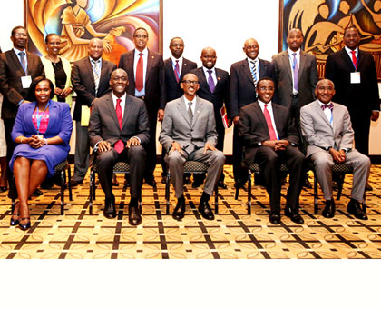 Some of the officials in a group photo with President Kagame (C) yesterday. Seated from L-R; Jessica Alupo, Uganda minister for rducation, Makhtar Diop, World Bank vice president f....