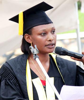  Christine Uwimana delivering a speech at the graduation ceremony yesterday. John Mbanda. 