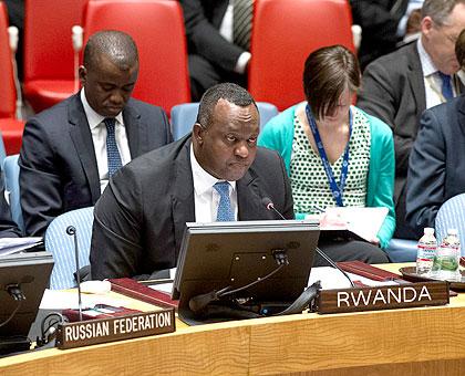 Rwandau2019s Permanent Representative to the UN, Amb. Eugu00e8ne-Richard Gasana, during discussions on DRC. (UN Photo/Evan Schneider)