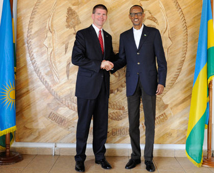 President Paul Kagame receives Oklahoma Christian University president, Dr John deSteiguer, at Village Urugwiro in Kigali yesterday. Village Urugwiro.