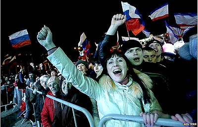 Pro-Moscow crowds celebrated after voting in the Crimean capital Simferopol on March 16. Net