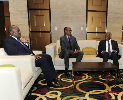 L-R: Presidents Joseph Kabila of DR Congo, Paul Kagame, and Eduardo Dos Santos of Angola in Luanda yesterday. (Village Urugwiro)