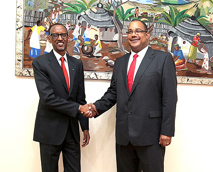 President Kagame receives Dr Herminie, the Speaker of the National Assembly of the Republic of Seychelles, at Village Urugwiro yesterday. (Village Urugwiro)