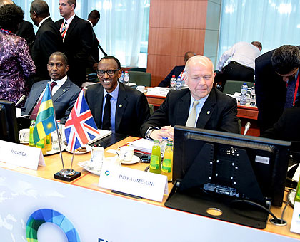 President Paul Kagame and UK Foreign Secretary William Hague during the opening session of the 4th EU-Africa Summit in Brussels yesterday. (Village Urugwiro)