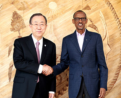 President Kagame and Ban after their meeting in Kigali yesterday. (Village Urugwiro)
