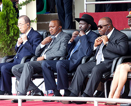 From L-R: Ban, Kenyatta, Kiir, and Bongo at the commemoration event yesterday. (Timothy Kisambira)